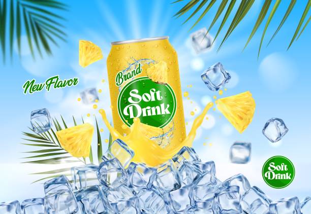 Pineapple drink can, fruit juice splash and ice Pineapple drink can, fruit juice splash and ice cubes. Realistic 3d vector promo poster. Tropical indulgence for quenching thirst in hot day. Refreshing coolness and flavorful soda on icy blocks pile thirst quenching stock illustrations