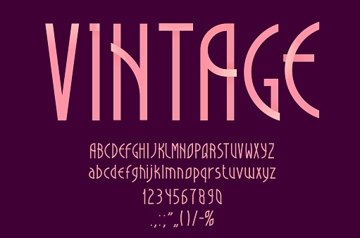Pink art deco font or romantic typeface, nouveau type and retro elegant alphabet, vector letters. Art deco typography font, vintage or modern style text for poster, luxury premium fashion typeface