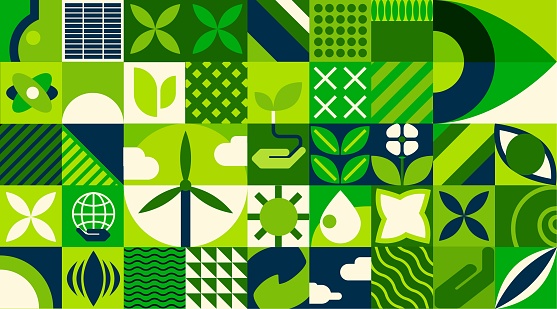 Green energy, environment abstract geometric bauhaus pattern. Vector ecology, sustainable energy and eco friendly power background. Bauhaus pattern with recycle sign, green leaf, solar panel, turbine