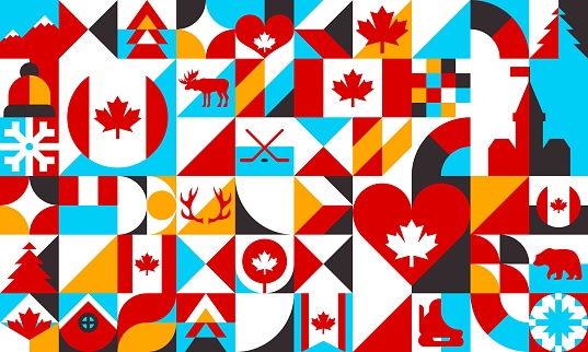 Abstract geometric Canada shapes, bauhaus pattern. Canadian travel vector background. Modern collage of squares, circles and triangles, maple leaf flag, Ottawa parliament, hockey, bear and moose