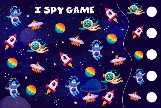 I spy game worksheet. Cartoon aliens and ufo I spy game worksheet. Cartoon aliens and ufo in outer space. Kids vector math riddle. Count how many saucers, aliens, planets and rockets children test. Educational task for baby mind development multiplication worksheet stock illustrations