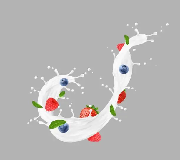 Vector illustration of Realistic milk or yoghurt splash with berries