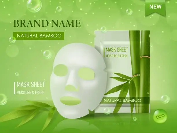 Vector illustration of Facial cosmetic mask sheet package with bamboo