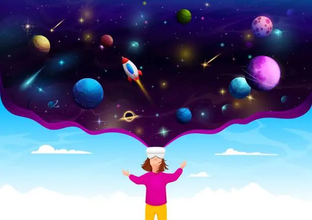 Vector illustration of Cartoon girl kid in vr helmet and galaxy space