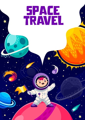 Cartoon space travel poster. Cartoon kid astronaut on space planet in outer starry galaxy. Vector funny cosmonaut with flag standing on alien planet surface, explore Universe in interstellar journey