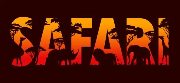 Vector illustration of Safari, african sunset with animal silhouettes