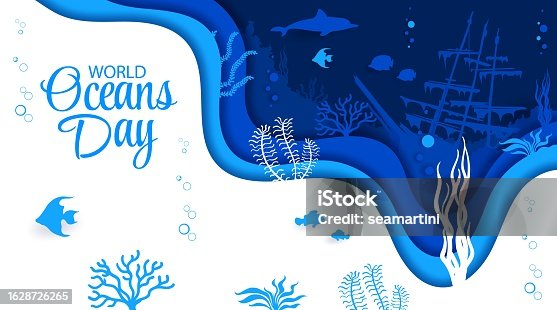 istock World oceans day banner. Sea paper cut landscape 1628726265
