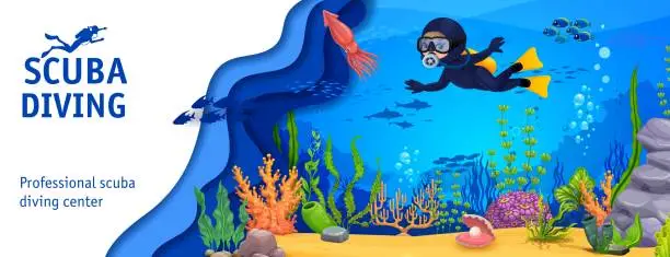 Vector illustration of Scuba diving banner with cartoon diver and squid