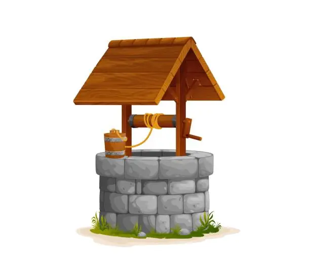 Vector illustration of Cartoon farm stone water well with wooden bucket