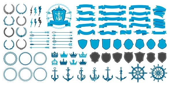 Vintage badge, seal, laurel wreath and crown, arrow, anchor and shield vector objects. Marine, nautical or naval heraldic symbols and heraldry signs for royal yacht club with ship anchor and helm