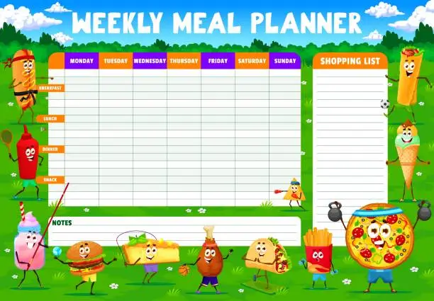 Vector illustration of Weekly meal planner with cartoon fast food meals