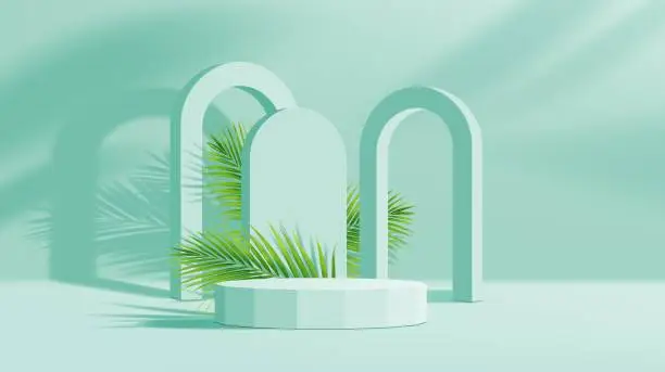 Vector illustration of Turquoise podium, palm leaves and arch, display