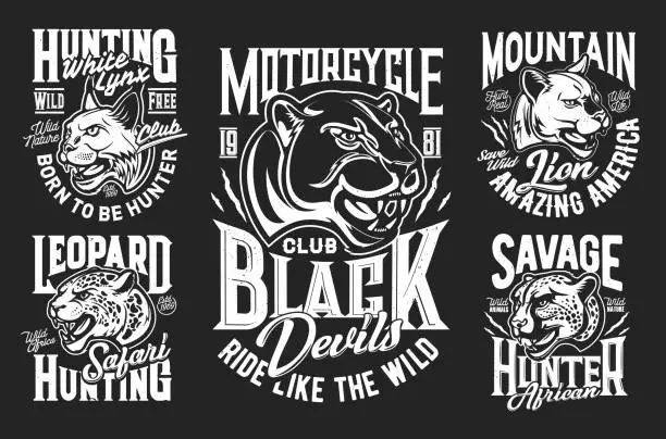 Vector illustration of Wild cats, roaring animal mascots t-shirt prints