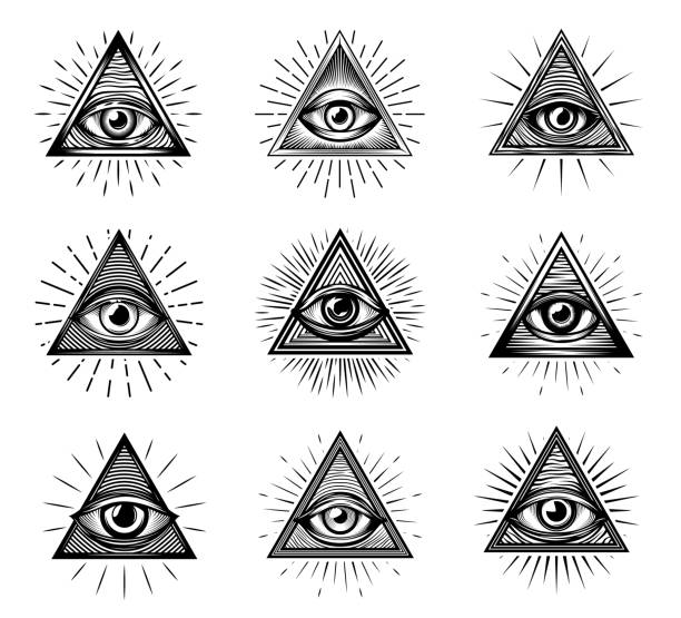 석공 피라미드와 빛이 있는 일루미나티의 눈 - mason stock illustrations