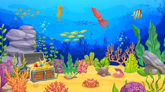 Cartoon underwater landscape, sea game level with seaweeds, animals and treasure chest, vector background. Ocean adventure and coral reef world game level with sea landscape, fishes, squid and crab