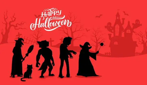 Vector illustration of Halloween characters silhouettes vector background