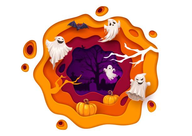 Halloween paper cut flying cartoon funny ghosts Halloween paper cut flying cartoon funny ghosts on cemetery. Vector october holiday design with 3d papercut effect wavy frame, spooky phantoms, bat, branches and graveyard. Paper carve art graphics casper wyoming stock illustrations