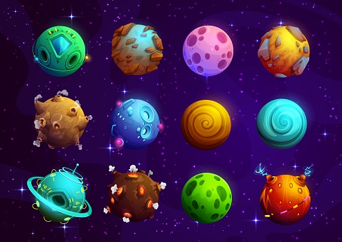 Cartoon alien fantasy space planets. Vector cosmic world objects with organic and technological surfaces. Fantastic galaxy ui game asteroids with erupting volcano, electric strikes and mysterious glow