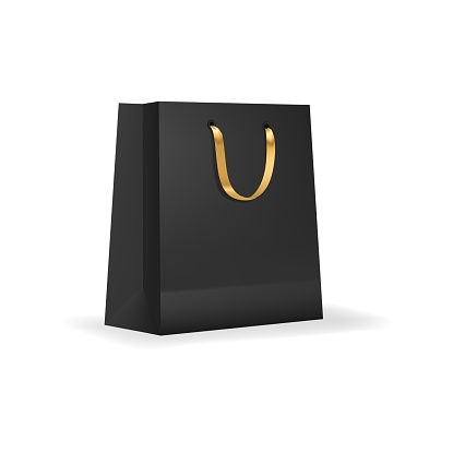 Paper shopping bag with golden ribbon handle mockup. Boutique cardboard packaging, shop paper packet or isolated shopping package 3d vector mock up. Retail purchase bag realistic template or mockup