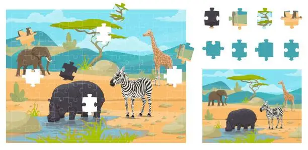 Vector illustration of Jigsaw puzzle game with african savannah animals