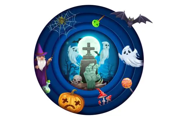 Vector illustration of Halloween paper cut cartoon characters on cemetery
