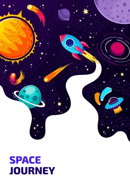 Vector illustration of Space flyer. Cartoon spaceship, UFO, stars, planet