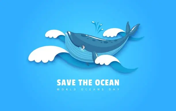 Vector illustration of World oceans day, cartoon blue whale in paper cut