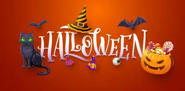 Vector illustration of Halloween banner of horror pumpkin, sweets, bats