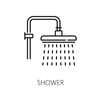 Overhead shower thin line icon. Concept of not economical water consumption and falling drip, vector hotel service sign