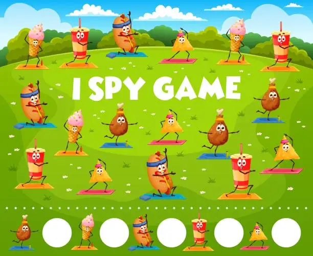 Vector illustration of I spy game, cartoon fast food characters on yoga