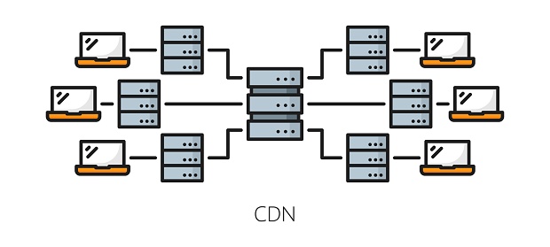 CDN. Content delivery network icon. Blog or web portal file storage and backup server, website database administration and publishing system, CDN line vector symbol with network, laptop and servers