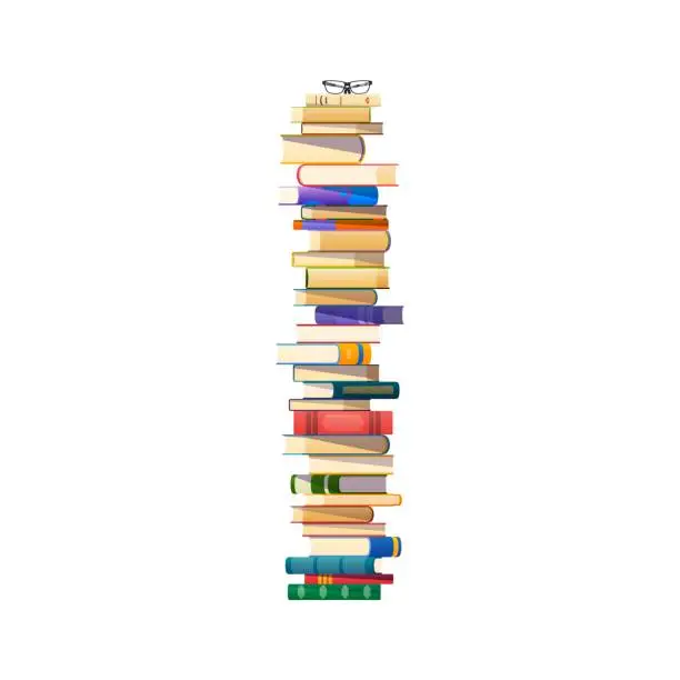 Vector illustration of High book stack or pile, school textbooks heap