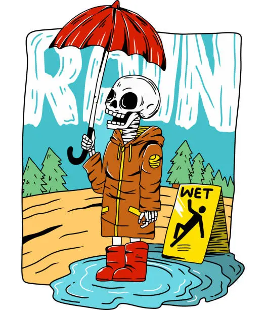 Vector illustration of Vector illustration of a skeleton holding umbrella and wearing a rain coat on a raining day. Suitable for t shirt design, book cover, sticker, poster, etc