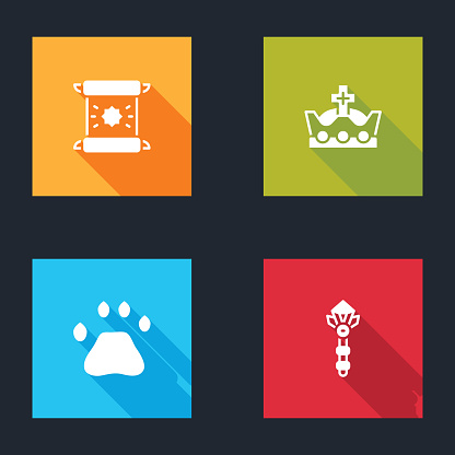 Set Decree, parchment, scroll, King crown, Bear paw footprint and Magic wand icon. Vector.