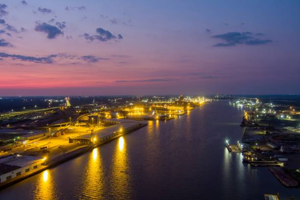 istock Aerial view of the Mobile River at sunset 1628750694