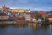 City of Prague skyline with the castle in the evening, Czech Republic