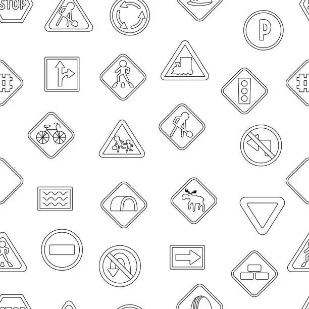 Vector illustration of Vector black and white road signs seamless pattern. Line railway and traffic street repeating background. Cute highway rules coloring page with traffic lights, stop, arrows