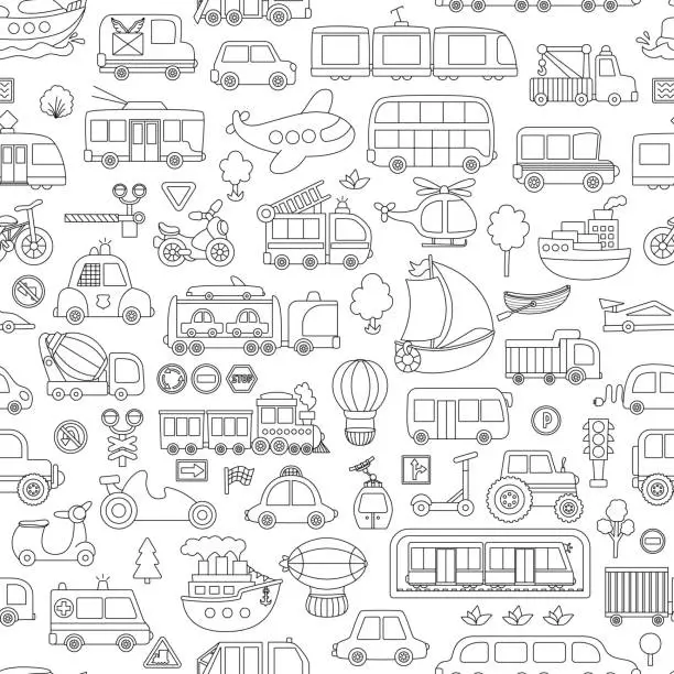 Vector illustration of Vector black and white transportation seamless pattern. Funny line water, land, air underground transport repeat background for kids. Cars and vehicles digital paper. Cute coloring page