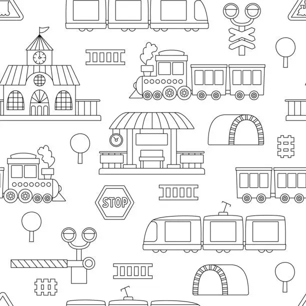 Vector illustration of Vector black and white railway transport seamless pattern. Funny line railroad transportation repeating background with train, steam train, tunnel for kids. Cute rail vehicles coloring page