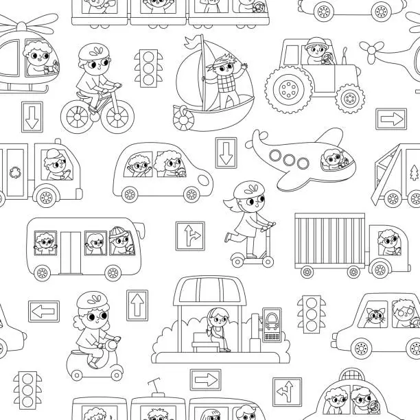 Vector illustration of Vector black and white transportation seamless pattern with children. Funny line water, land, air transport repeat background with drivers for kids. Cars and vehicles coloring page