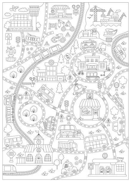 Vector illustration of City black and white transport map. Line background with railway, roads, traffic signs for kids. Vector infographic elements with train, cars, tram, truck. Urban coloring page with airport, seaport