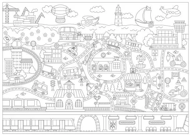 Vector illustration of City black and white transport map. Line background with land, underground, water and air transport. Vector infographics with train, cars, tram, truck. Urban coloring page with airport, metro for kids