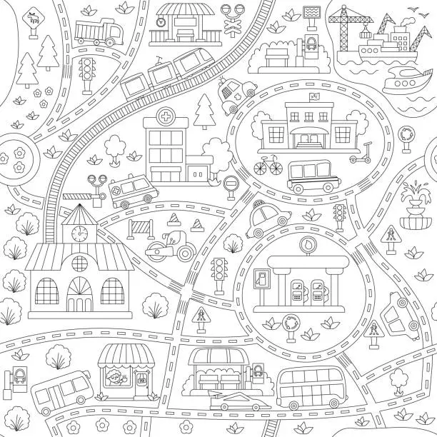 Vector illustration of City transport black and white map seamless pattern. Repeating line background with railway, roads, traffic signs for kids. Vector texture with train, cars, tram, truck. Urban coloring page