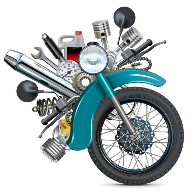 Vector Retro Motorcycle Wheel with Motorcycle Spares Vector Retro Motorcycle Wheel with Motorcycle Spares isolated on white background used motorcycle parts stock illustrations