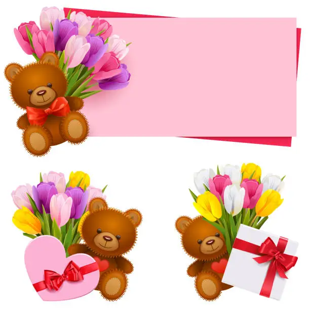 Vector illustration of Vector Tulip Bouquets with Bears