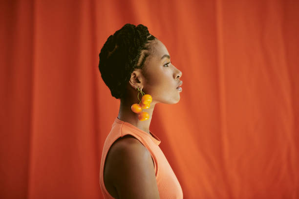 Beautiful black woman looking away from the camera. copy space, stock photo