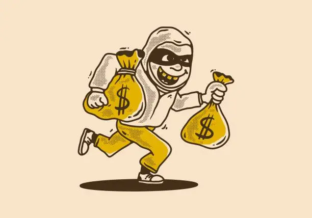Vector illustration of Bank robber character holding a money sack