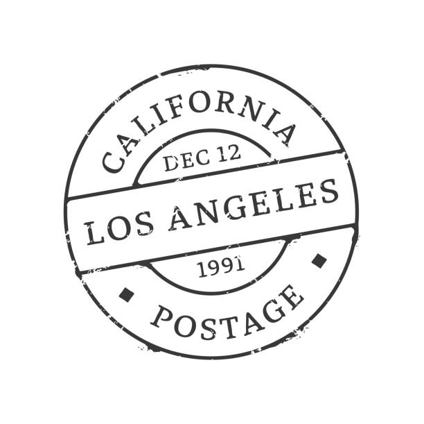 ilustrações de stock, clip art, desenhos animados e ícones de los angeles postage, united states postal stamp - postage mark