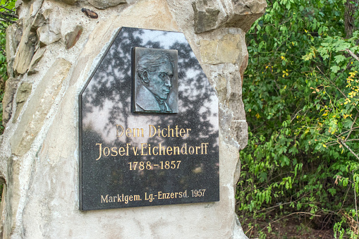 Langenzersdorf, Austria, 19.08.2023: Eichendorff Hill Memorial, A stone memorial in Langenzersdorf, commemorating poet Joseph von Eichendorff and evoking the beauty of Bisamberg's landscape.