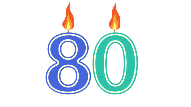 Festive candle in the form of the number 80, eighty, number candle, happy birthday, holiday candle, anniversary, alpha channel